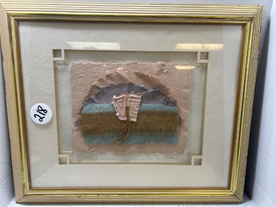 Sunset mixed media burlap paper collage art framed