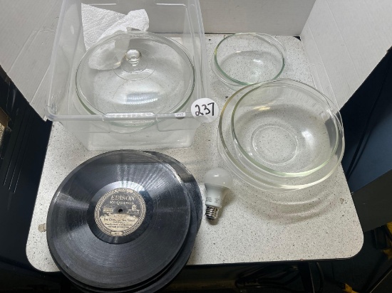 clear glass Pyrex dishes and Edison records
