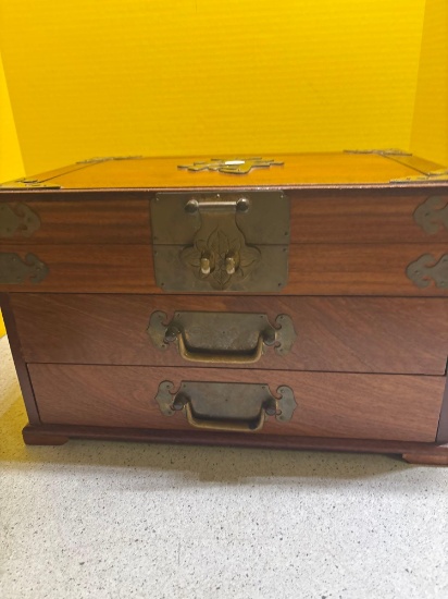 vintage Oriental jewelry box with brass hinges