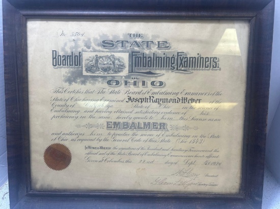 1924 State of Ohio in embalmer farmed certificate