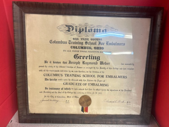 framed embalming diploma 1924