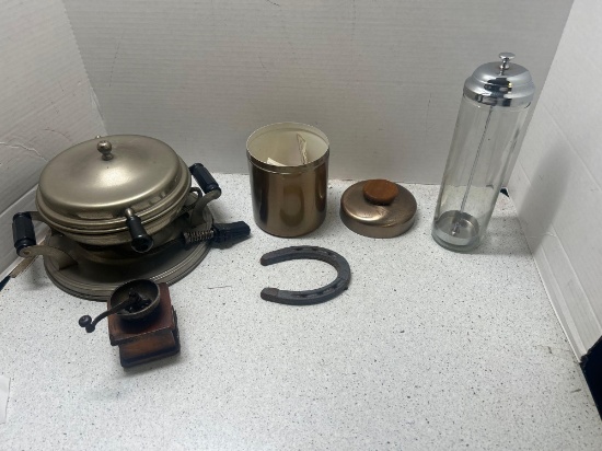 vintage star rite waffle maker straw dispenser, decorative mini coffee mill, humidor with tobacco
