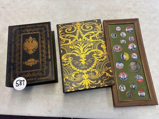 wooden storage books and vintage president pins