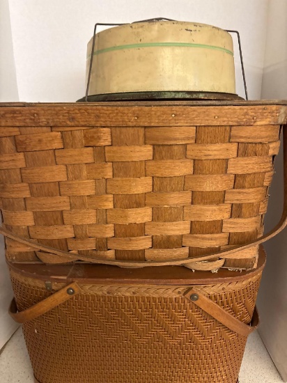 Two vintage picnic baskets, cake carrier