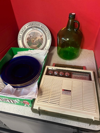 cobalt glass gold color trim plates, Juliette phonograph, green glass jug, etc.
