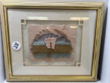 Sunset mixed media burlap paper collage art framed