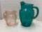 mayfair open Rose depression glass pitcher and large green thumb print pitcher