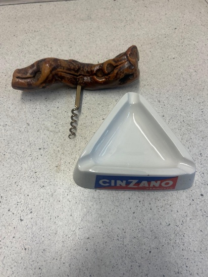 wood cork screw and Cinzano vermouth ashtray