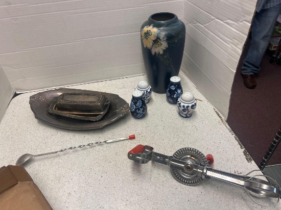 2 Silver keys, Butter dish, possibly sterling and silver plate tray, hand beater, salt and pepper