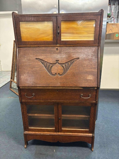 antique oak drop front desk/china cabinet