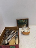 Silver plate, vanity, brush kittens in a basket