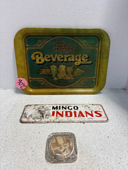 Vintage tray, Mingo Indians license plate, Photo paperweight