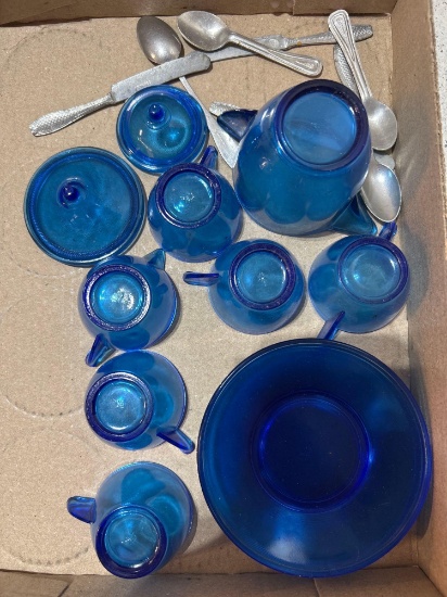 miniature Hazel Atlas cobalt blue glass, and miniature Germany flatware