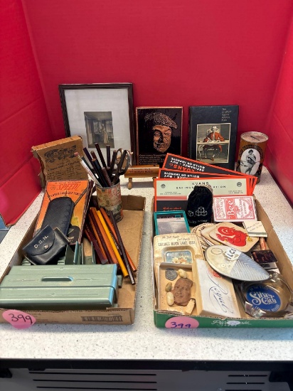 Railroad pencils, Vintage ashtrays, Transistor radio, art deco desk set