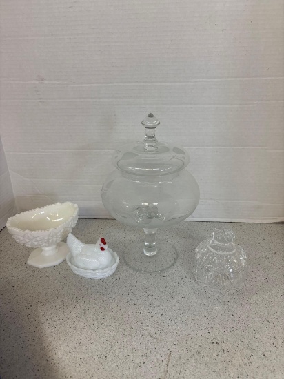 Hen on nest, Glass candy jars, Fenton