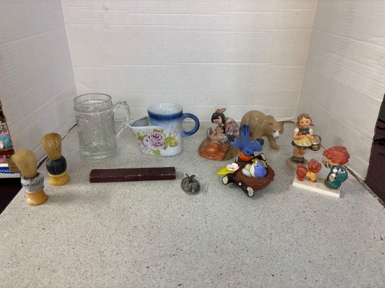 Vintage shaving items, 2 Hummel figurines, more