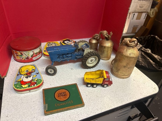 Horner candy containers vintage metal tractor, rustic hanging doorbells etc