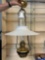 antique Aladdin hanging lamp, brass body, metal frame, glass chimney, smoke bell 17 inch white glass