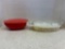 vintage Pyrex red square casserole dish and Pyrex golden acorn divided dish