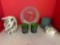 Garfield Memorial glass plate, Lenox swan, German green glass cups
