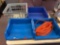 3 plastic bin shelves and 1 plastic crate with extension cord