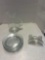 clear glass etched pitcher and plates, candle holder,