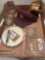 three glass cups, DEWARS whiskey clock, TBL hat and ashtrays