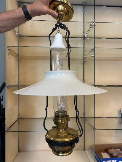 antique Aladdin hanging lamp, brass body, metal frame, glass chimney, smoke bell 17 inch white glass