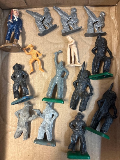 8 cowboy and Indian plastic figures, 3 metal artillery gunners and 3 misc