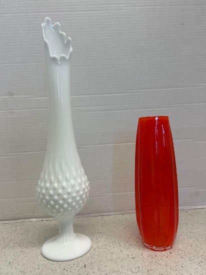 Fenton hobnail milk glass swung vase and orange glass vase