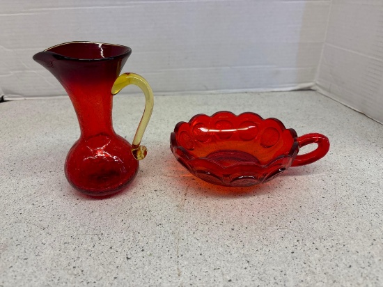 Amberina, crackle glass vase, and handled bowl
