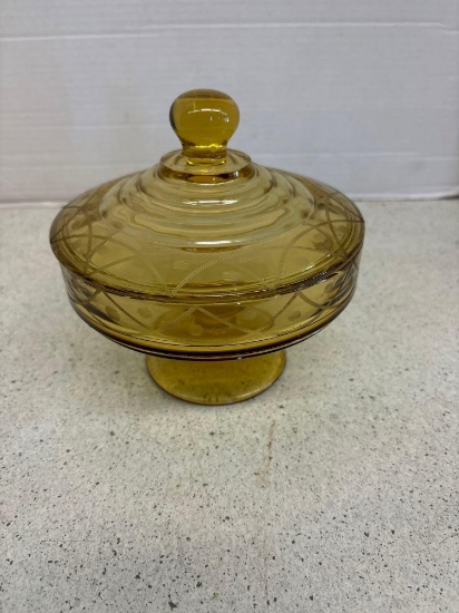 Amber glass etched covered dish