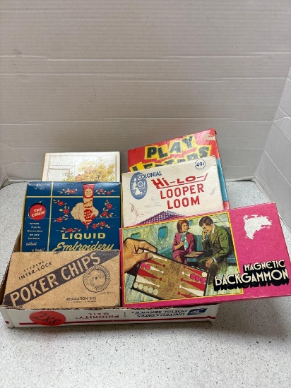 Vintage stationary, liquid embroidery, poker chips, loom, backgammon