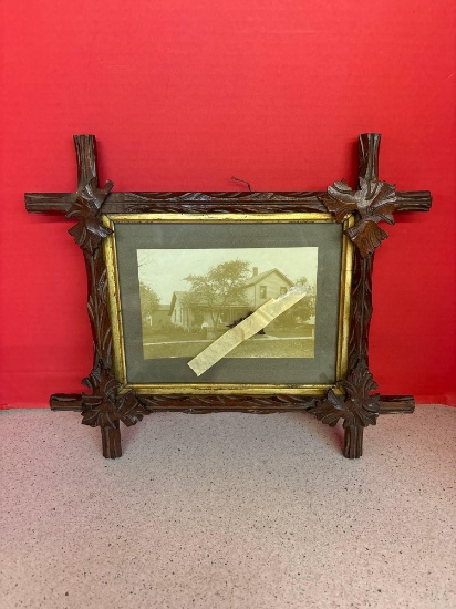 Antique photo in tramp art frame, frame has one piece broken, but its included