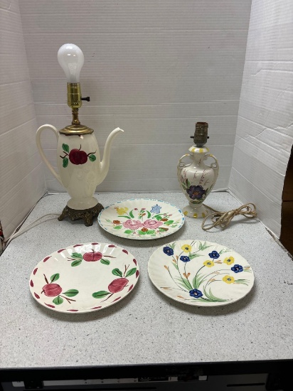 Two blue Ridge pottery lamps and three plates