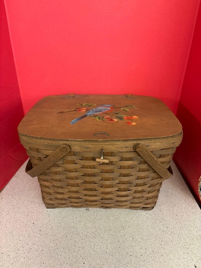 Antique Hand painted picnic basket, bird themed