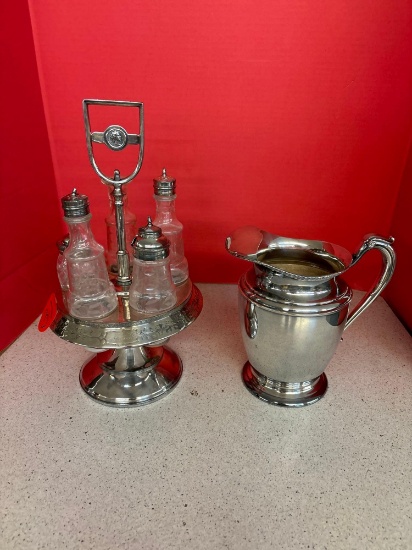 Silver Plate Etched Glass Cruet Condiment Caddy