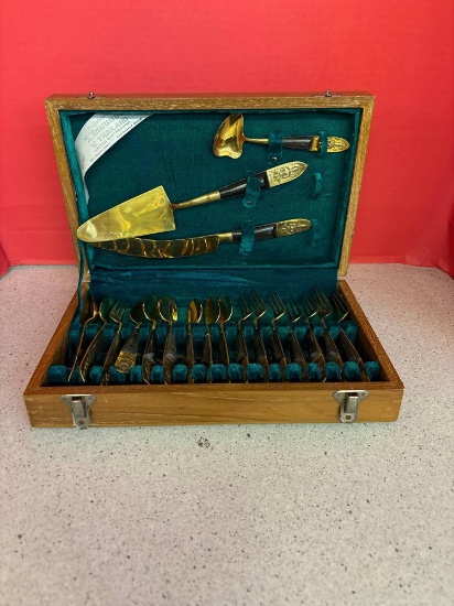 a 19-piece vintage S. Samran Thailand Co. cutlery dessert set, bronze and wood