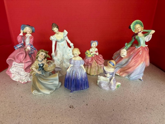 Six Royal Daulton bone China figurines, 1 is Lefton