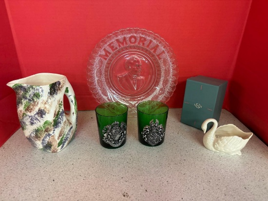 Garfield Memorial glass plate, Lenox swan, German green glass cups