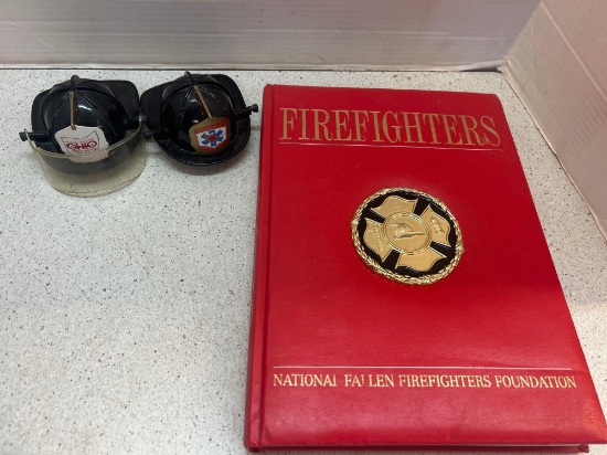 2 fire helmet banks and book