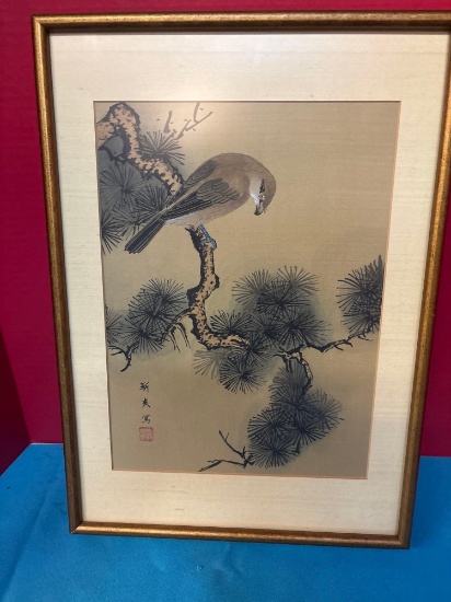 Japanese art bird on a snowy branch