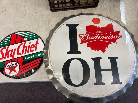texaco Skychief gasoline and Ohio Budweiser metal signs