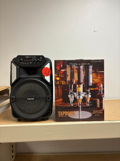 Tzumi mega bass speaker and Godinger six bottle liquor dispenser