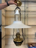antique Aladdin hanging lamp, brass body, metal frame, glass chimney, smoke bell 17 inch white glass