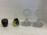 czech daisy cut perfume cruets, penguin blown glass art deco and owl weight
