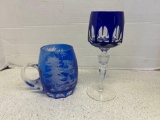 cobalt blue glass stein and wine glass
