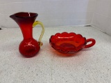 Amberina, crackle glass vase, and handled bowl