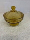 Amber glass etched covered dish