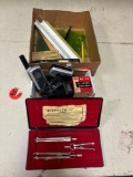 Drafting set, rulers, other office supplies